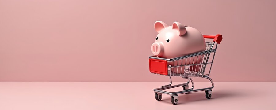 Pink piggy bank in shopping cart on pink backdrop. Financial concept represents online business shopping. Savings, investment, consumerism theme, retail, e-commerce, sale discount offers. Financial - Powered by Adobe