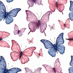Watercolor illustration featuring vibrant butterflies on white backdrop. Elegant design for wedding, invitation cards. Soft colors, delicate wings, seamless pattern for textile print, wallpaper, gift