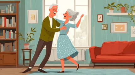 A joyful elderly couple dances happily in a cozy living room setting