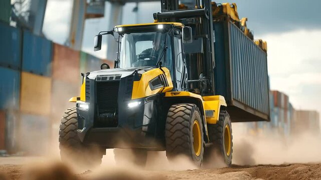 Heavy-duty forklift lifting cargo into freight container in industrial yard, grit and dust in the air emphasizing the strength of logistics labor.