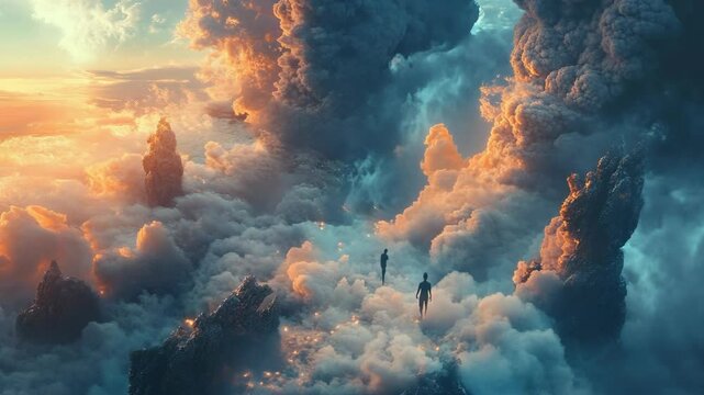 A man standing on top of a mountain surrounded by clouds