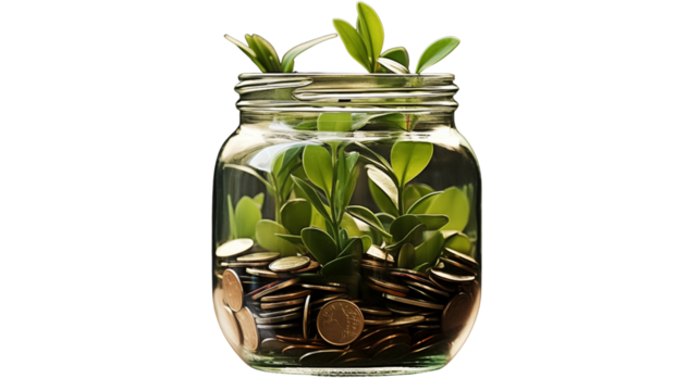 Green plants grow from coins in a glass jar, symbolizing financial growth and sustainable investment for the future transparent.