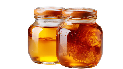 Two jars filled with fresh golden honey, one containing honeycomb, on a neutral background suggesting natural sweetness transparent.