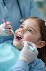 Obraz na płótnie Canvas Young girl receiving dental treatment. Dentist uses instruments, checks teeth in modern clinic. Healthcare for children. Pediatric dentistry visit, dental checkup. Preventative care promotes good