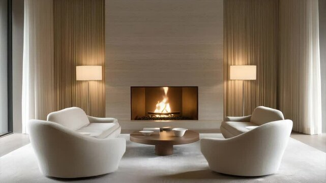 Modern living room with fireplace, cream sofas, and floor lamps
