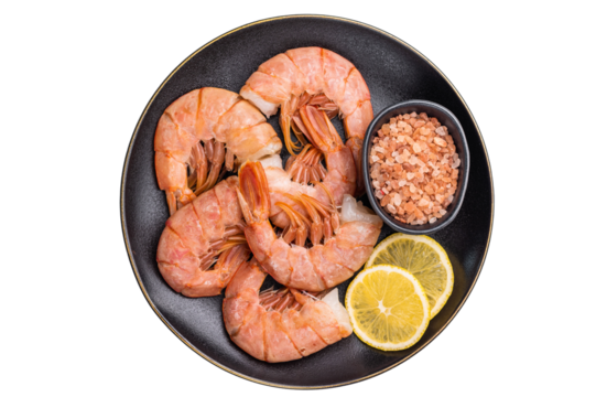 Uncooked Headless Red shrimps, raw Prawns on plate isolated on white background. top view
