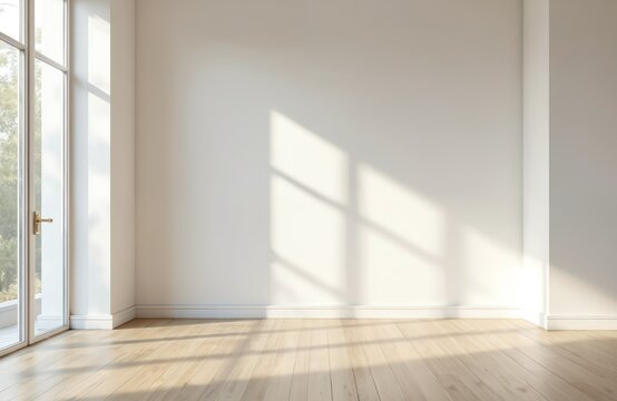 Empty modern living room with white walls, wooden floor. Big window with sunlight, natural light. Spacious minimalist interior design. Interior design background for presentation product placement. - Powered by Adobe