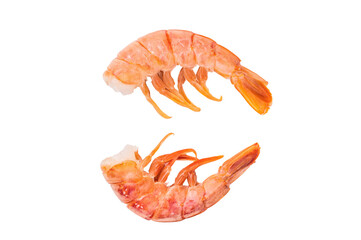 Raw Headless Red Argentine shrimps, Prawns isolated on white background. top view