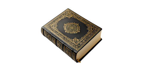 Fototapeta premium Luxurious Leather-Bound Book With Ornate Gold Detailing. Symbol Of Knowledge And Tradition Isolated On Transparent Background