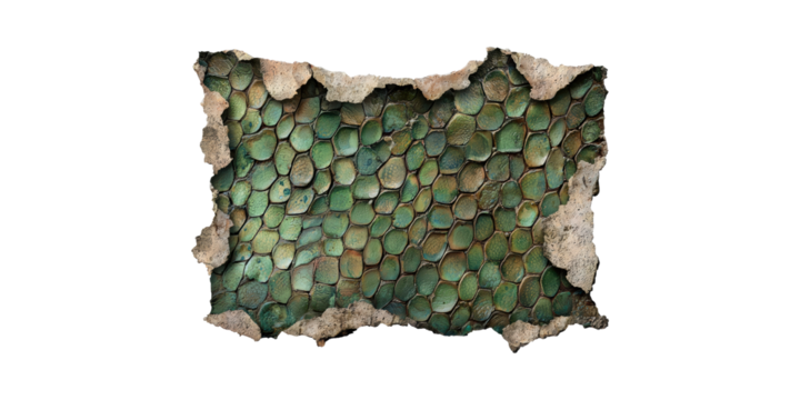 Green Reptile Scales Exposed Through Cracked Wall. Nature And Urban Decay Fusion Isolated On Transparent Background