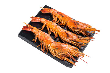 Shrimp kebab, Skewers with  Grilled red Prawns Langostino Austral isolated on white background. top view