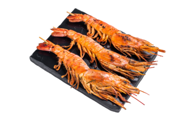 Shrimp kebab, Skewers with  Grilled red Prawns Langostino Austral isolated on white background. top view