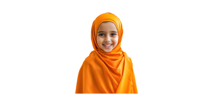 Smiling Young Girl In Orange Hijab. Cultural Diversity And Joyful Expression Isolated On Transparent Background