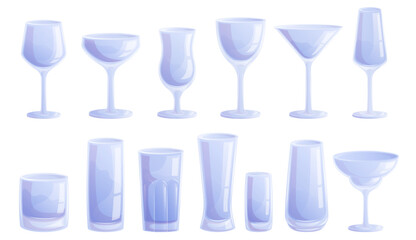 A set of glasses and glasses of different shapes for wine, cocktails and other beverages. The concept of a party, holiday, birthday. Vector illustration in A4 format