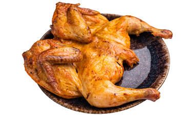 Baked chicken Tobacco with spices, poultry meat on plate isolated on white background. top view