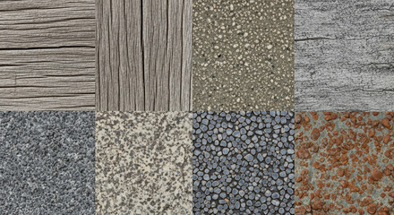 Fototapeta premium A collection of eight diverse natural textures (wood, stone, concrete, rust), creating a varied background collage.