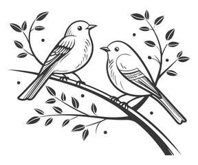 Two birds on a leafy tree branch, Elegant black and white line art