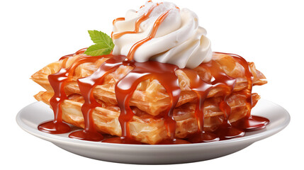 Delicious waffles with caramel sauce and whipped cream invite a sweet breakfast or dessert treat transparent.