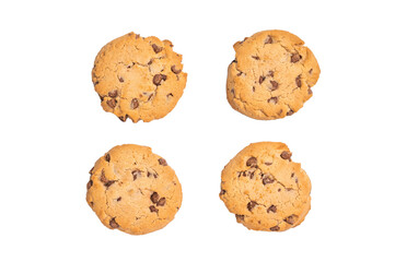 Chocolate chip cookies isolated on white background. top view
