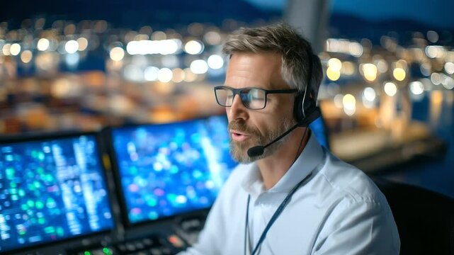 Worker with headset communicates with team inside container port control tower, digital interfaces glow across glass panels.