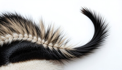Detailed close-up showcases the distinct black and white striped tail and unique fur textures of a skunk against a clean background.