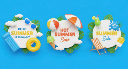 Three summer compositions with beach vacation elements and "Hello Summer" and "Summer Sale" inscriptions on a blue background.
