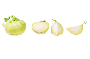 Raw kohlrabi sliced on pieces isolated on white backround. top view