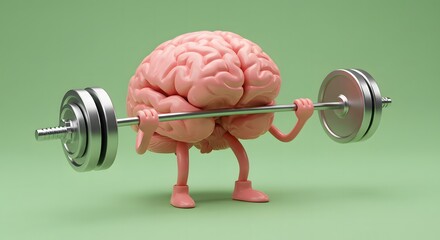Side view of 3D cartoon brain with skinny arms and legs lifting a barbell. Mental strength, brain power, intelligence training, creative thinking, cognitive fitness on pastel green background.
