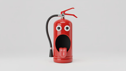 Fototapeta premium Fire Extinguisher's Shock: A fire extinguisher, personified with a surprised expression, stands out. A creative concept for fire safety and emergency response.