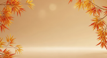 Autumnal bamboo leaves form a natural frame on a warm, neutral background with copy space.