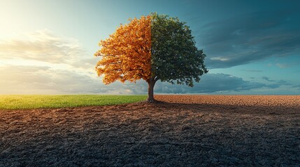 A solitary tree stands amidst contrasting seasons.