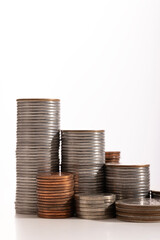 Coin on white background, stacked coins, isolated, sort by level, Thai bath