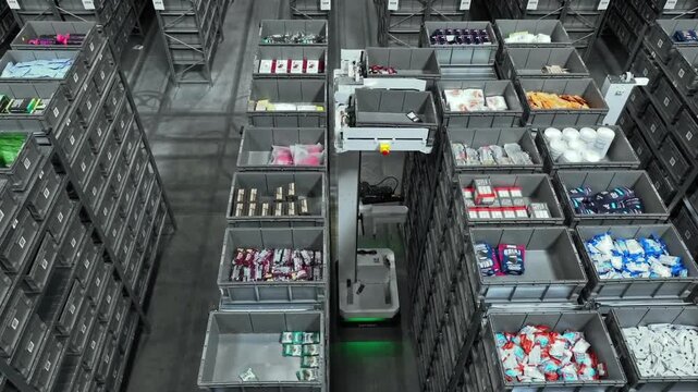 A dynamic view of an advanced automated warehouse, featuring robotic systems and organized shelving for efficiency