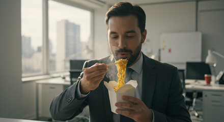 Man eating takeout noodles during a lunch break in office