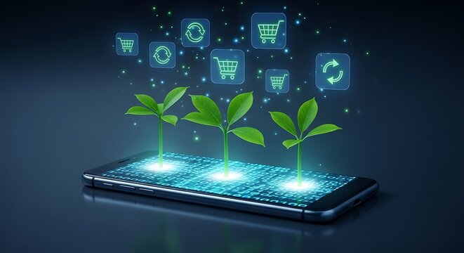 Green sprouts emerge from smartphone displaying digital code with shopping cart icons technology growth - Powered by Adobe