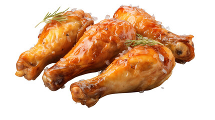 Tasty chicken drumsticks with a golden glaze and a fresh rosemary garnish display a tempting culinary presentation transparent.