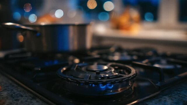 Gas stove flames ignite under metal pot, domestic carbon energy in intimate moment.