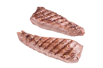 Grilled Mutton tenderloin fillet steak, lamb meat with herbs isolated on white background. top view