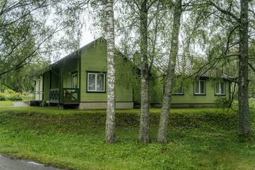 A green wooden house with a porch sits peacefully among birch trees and lush grass, blending into...