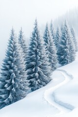 Snowy mountain path with frosted trees