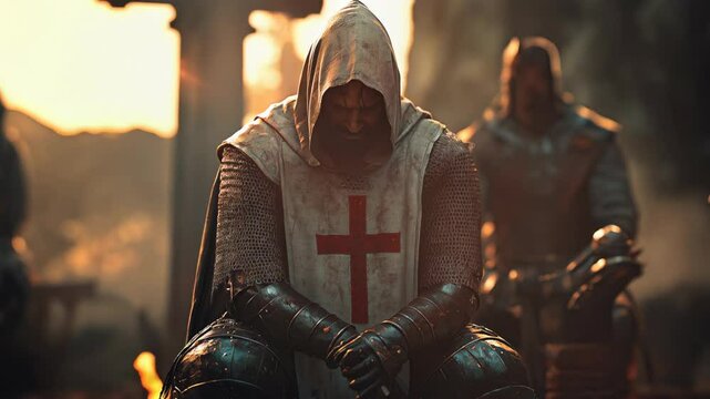 Medieval knight in armor kneeling with sword