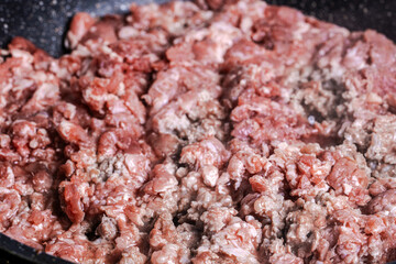 Background with the texture of raw minced meat. Ground beef in a pan.