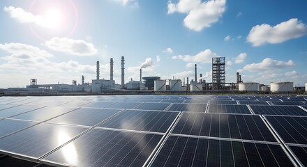 Solar panels reflect sun near industrial complex with smoking chimneys photovoltaic renewable energy