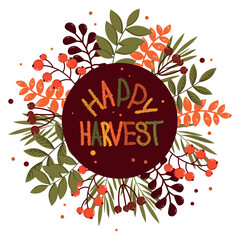 Postcard for design. Warm illustration, autumn, pumpkins, harvest, colorful leaves. Autumn seasonal postcards with leaves and floral elements in autumn colors.
