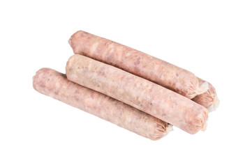 Homemade raw pork sausage, german bratwurst isolated on white background. top view