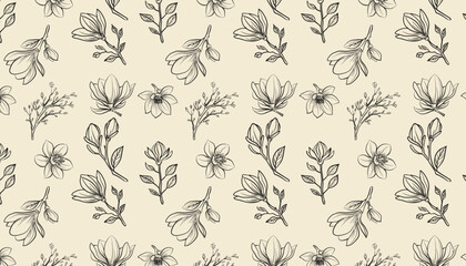 Magnolia Flowers Seamless Pattern.
