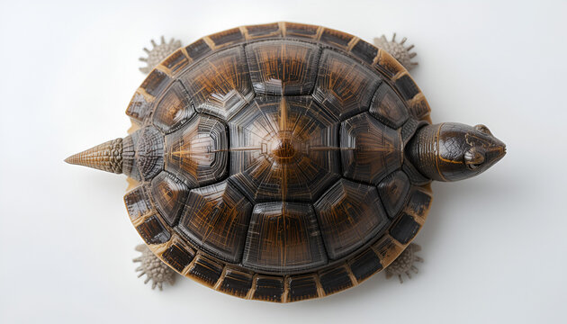 Overhead shot showcases a beautiful Reeves turtle with its intricate shell pattern on a clean, white background, perfect for educational or decorative projects.