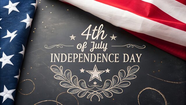4th of July Independence Day greeting background with US flag and decorative chalkboard lettering — perfect for patriotic celebrations, flyers, banners, and holiday promotions