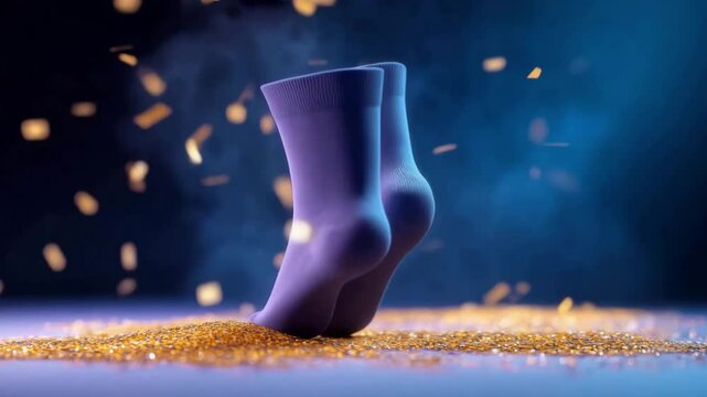 Purple socks dancing on gold glitter. Festive and fun!