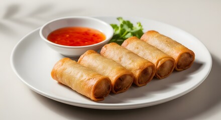 Crispy Spring Rolls A Delicious Asian Appetizer with Sweet Chili Sauce for Culinary Enthusiasts and Food Bloggers Photography,  Culinary Adventures
